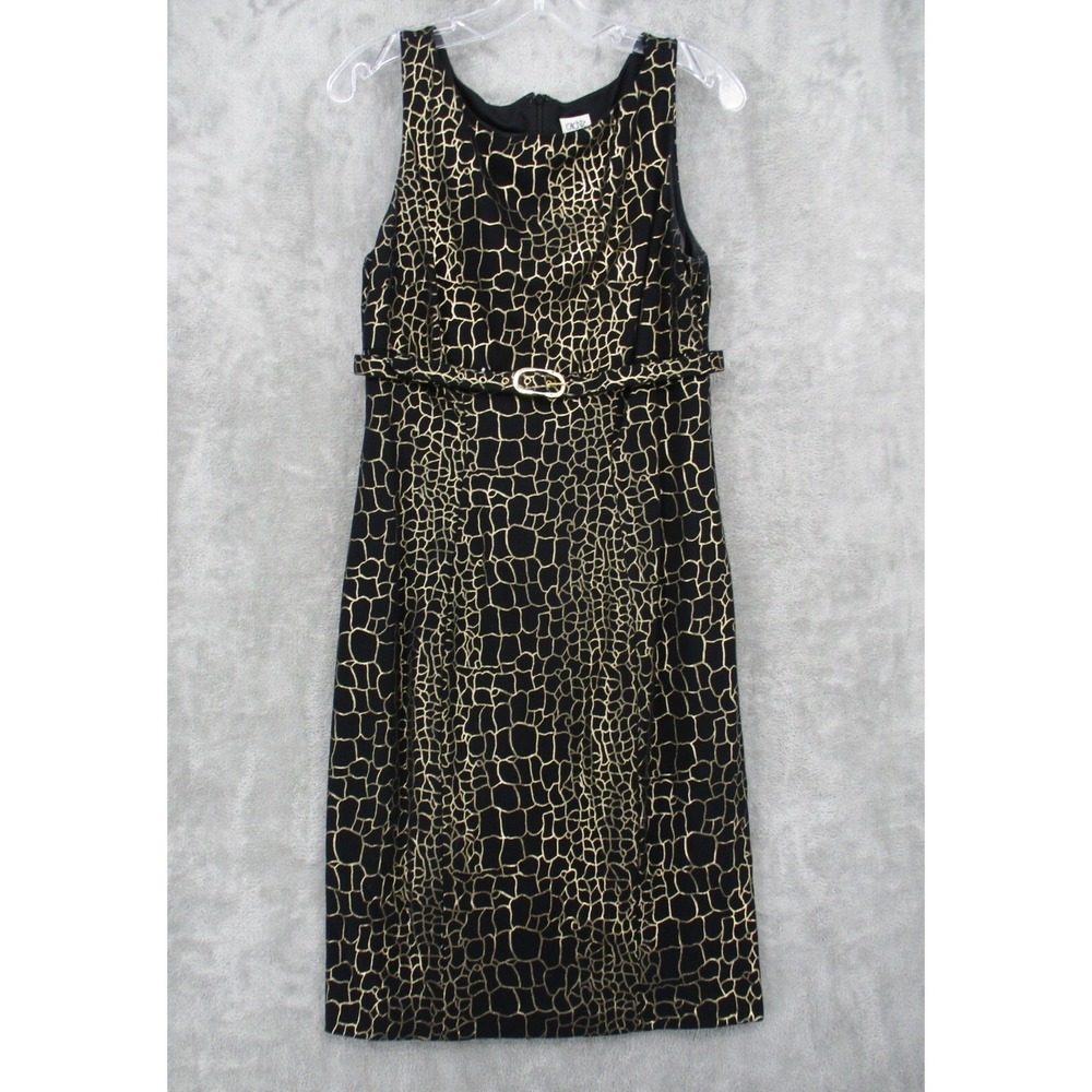 Vintage Cache Dress 8‎ Animal Print Belted Gold Black Evening Event Stretch Zip